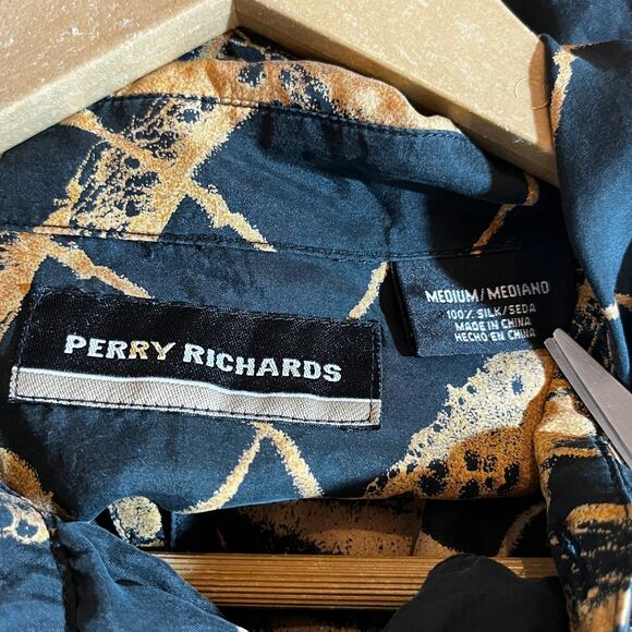 Perry Richards Silk Shirt Mens Medium Black Yellow Abstract Print Button Up Club - Picture 7 of 10